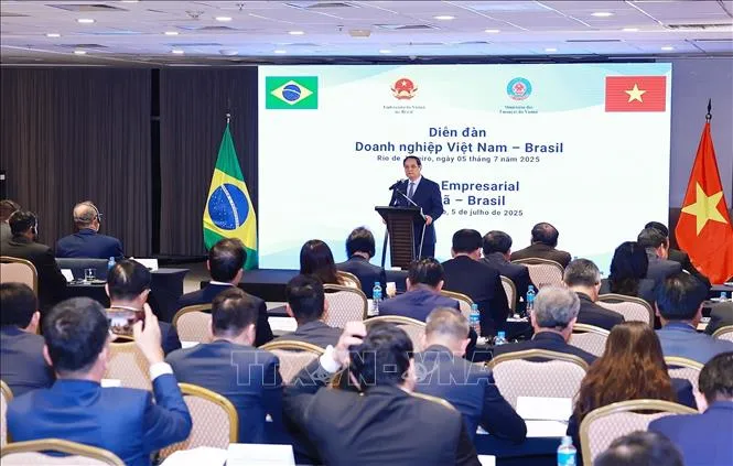 Thủ tướng Phạm Minh Chính phát biểu tại Diễn đàn doanh nghiệp Việt Nam - Brazil. Ảnh: TTXVN brazil1-6725.jpg