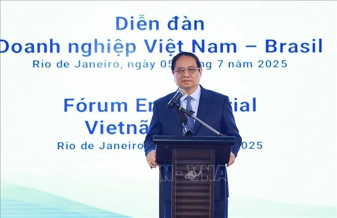 Thủ tướng Phạm Minh Chính phát biểu tại Diễn đàn doanh nghiệp Việt Nam - Brazil. Ảnh: TTXVN dien-dan-brazil-6725-10.jpg