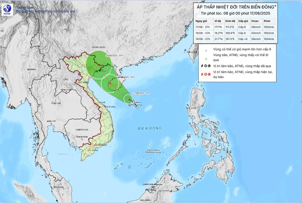 동해의 열대 저기압. 사진: 국립수문기상예보센터 Áp thấp nhiệt đới trên Biển Đông. Ảnh: TTDBKTTVQG