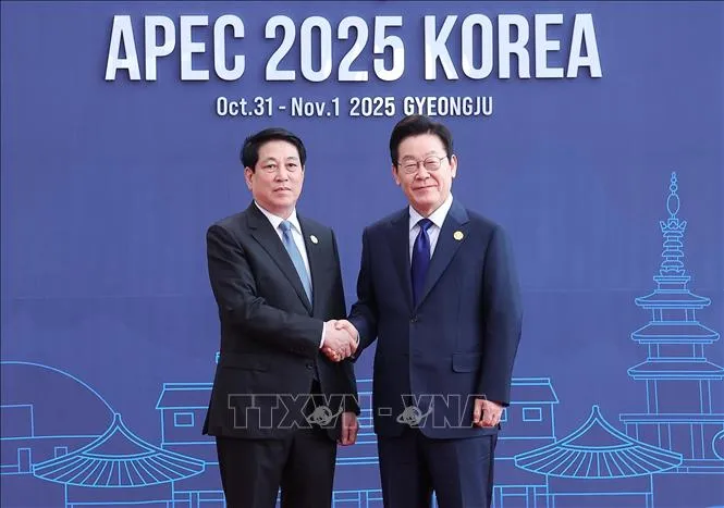 Tổng thống Hàn Quốc Lee Jae Myung đón Chủ tịch nước Lương Cường. Ảnh: TTXVN ctn2-311025.jpg