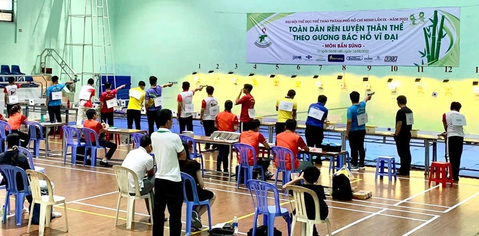 Các xạ thủ từng tham dự SEA Games, thành viên đội tuyển QG tham gia tranh tài tại Đại hội TDTT TPHCM lần 9. Ảnh: HSF