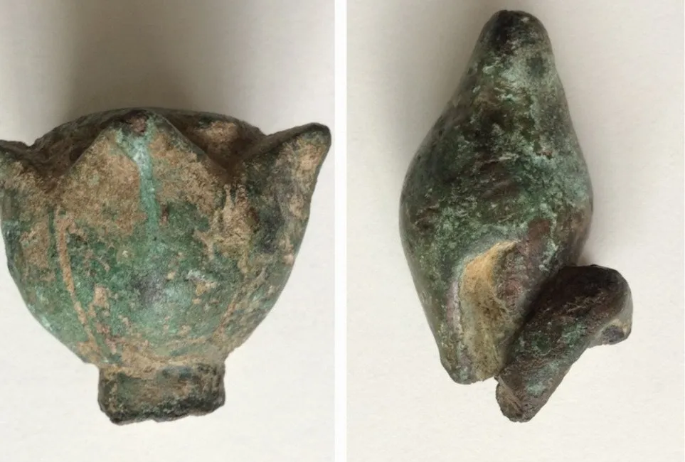 Hai pháp khí hình đóa sen và con ốc được người dân phát hiện sau đó