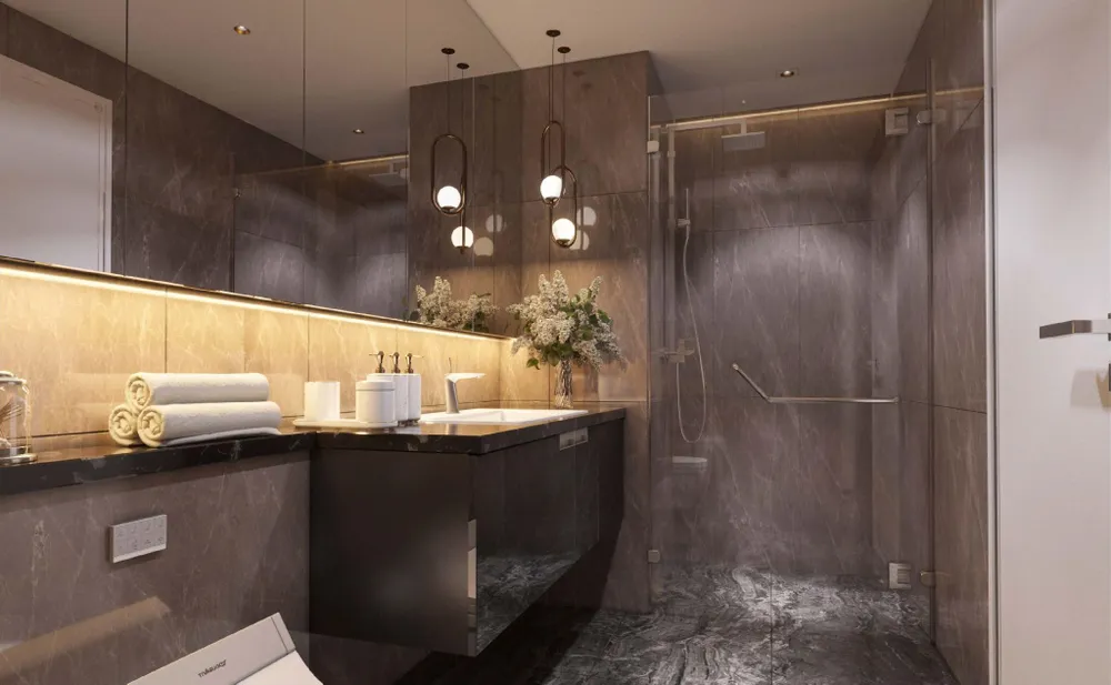 Phòng tắm sang trọng nhờ hệ thống kệ hiện đại, gương, tủ, bồn tắm và vách tắm đứng được ngăn cách để tránh nước bắn ra ngoài. Thiết bị vệ sinh được nhập khẩu từ các thương hiệu nổi tiếng như Duravit, Kohler... góp phần tạo nên không gian sống thượng lưu Phòng tắm sang trọng nhờ hệ thống kệ hiện đại, gương, tủ, bồn tắm và vách tắm đứng được ngăn cách để tránh nước bắn ra ngoài. Thiết bị vệ sinh được nhập khẩu từ các thương hiệu nổi tiếng như Duravit, Kohler... góp phần tạo nên không gian sống thượng lưu