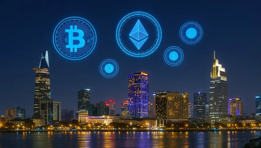 Hình ảnh minh họa các đồng tiền mã hóa như Bitcoin, Ethereum xuất hiện nổi bật trên nền đô thị hiện đại của TPHCM. Ảnh: Hoàng Hùng $5a.jpg
