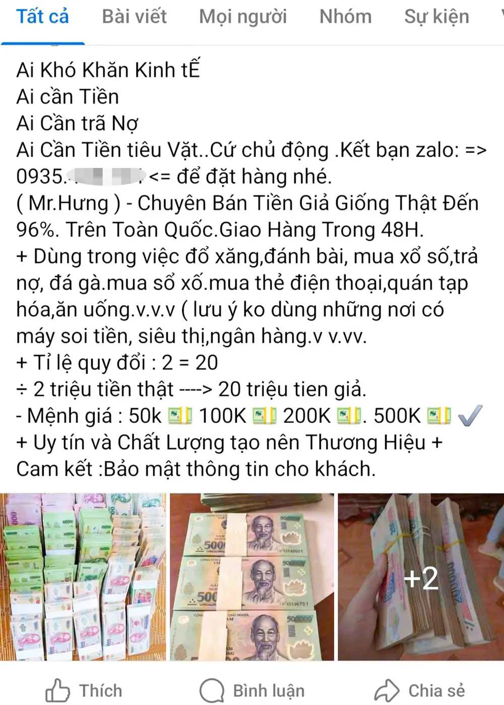Thông tin mời chào giao dịch tiền giả được các đối tượng đăng tải trên mạng xã hội Facebook &4c.jpg
