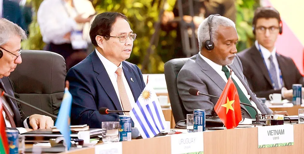Thủ tướng Phạm Minh Chính phát biểu tại phiên họp cấp cao ở Hội nghị Thượng đỉnh BRICS mở rộng 2025, tại Brazil. Ảnh: TTXVN I1f.jpg