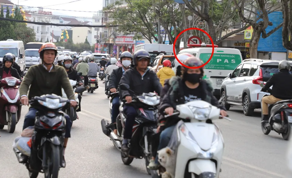 Biển báo cấm ô tô rẽ trái tại nút giao Nguyễn Văn Cừ - Bà Triệu, phường Xuân Hương-Đà Lạt, tỉnh Lâm Đồng (khoanh tròn) bị che khuất E4a.jpg