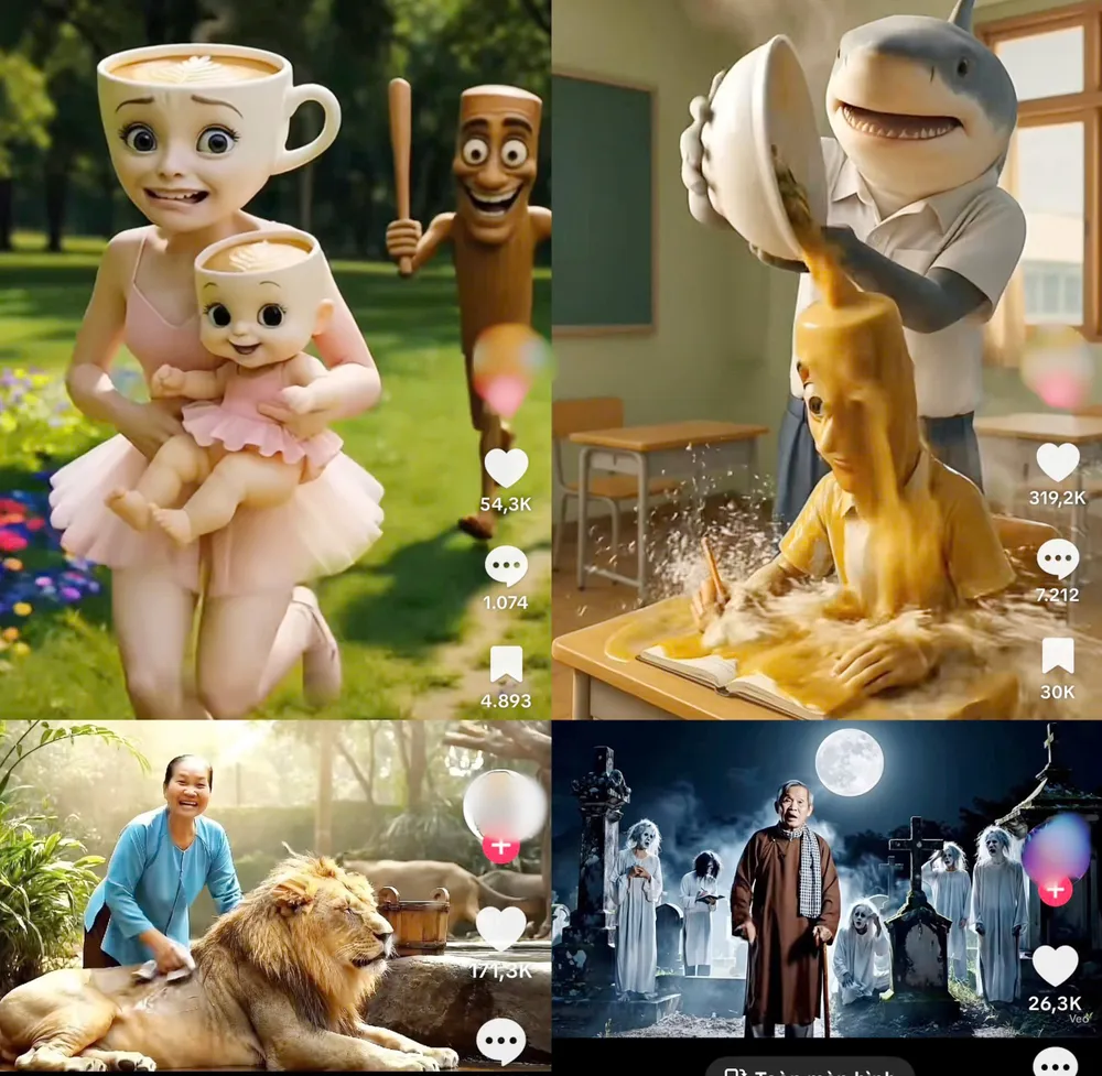 Các video được tạo bằng AI nhưng có nội dung nhảm nhí hoặc hành động bạo lực lại thu hút rất nhiều lượt xem. Ảnh: CẨM NƯƠNG V4a.jpg