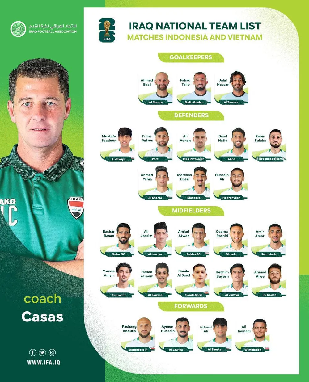 Danh sách 25 cầu thủ Iraq chuẩn bị cho 2 trận đấu với đội tuyển Indonesia và Việt Nam thuộc vòng loại World Cup 2026. Danh sách 25 cầu thủ Iraq chuẩn bị cho 2 trận đấu với đội tuyển Indonesia và Việt Nam thuộc vòng loại World Cup 2026.