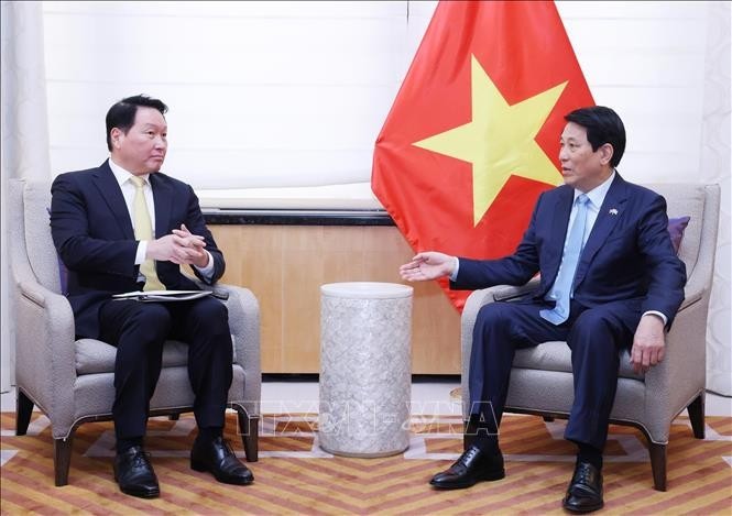 越南国家主席梁强（右）会见韩国SK集团会长崔泰源。