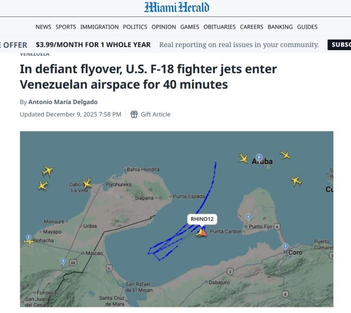 美军战机飞行轨迹。图片来源：美媒报道截图