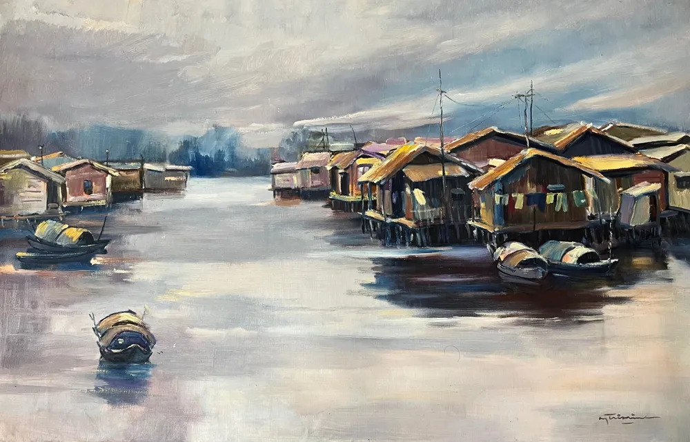 Tác phẩm "Nhà sàn" trưng bày trong triển lãm. Tác phẩm "Nhà sàn" trưng bày trong triển lãm.