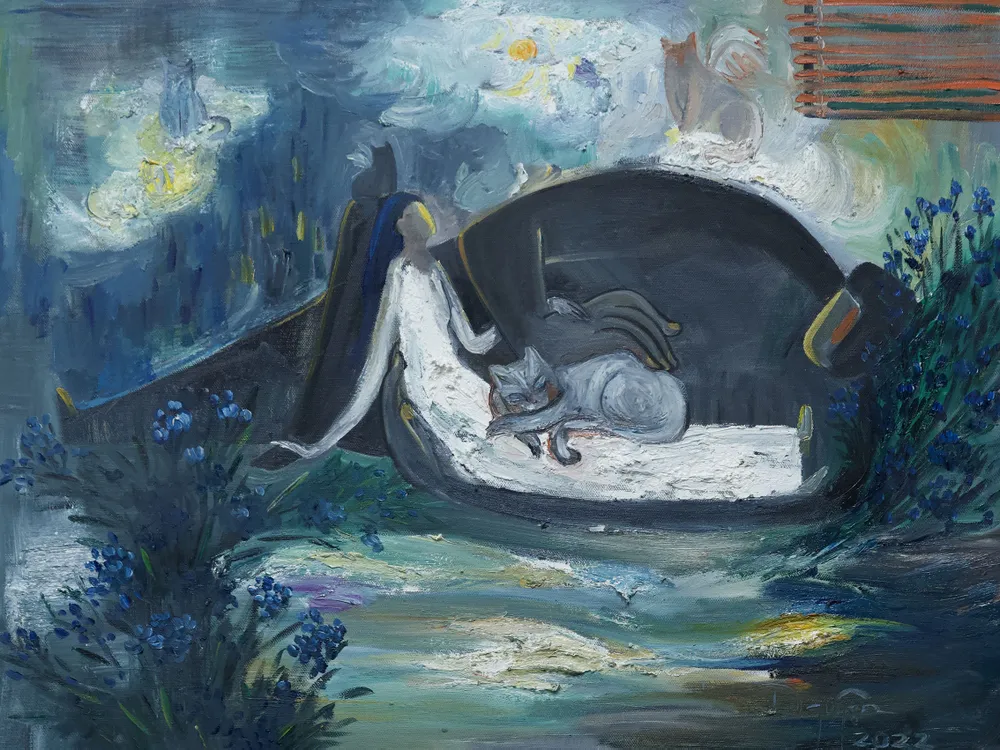 Tác phẩm Bình yên với chất liệu sơn dầu trưng bày trong triển lãm