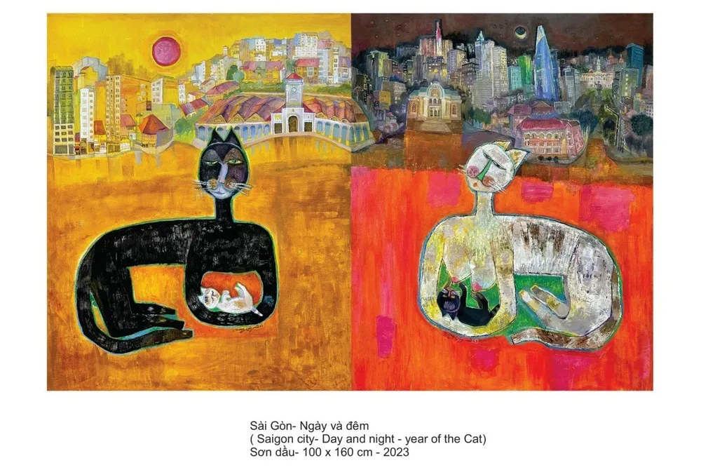 Tác phẩm của hoạ sĩ Đặng Thị Dương trưng bày trong triển lãm.