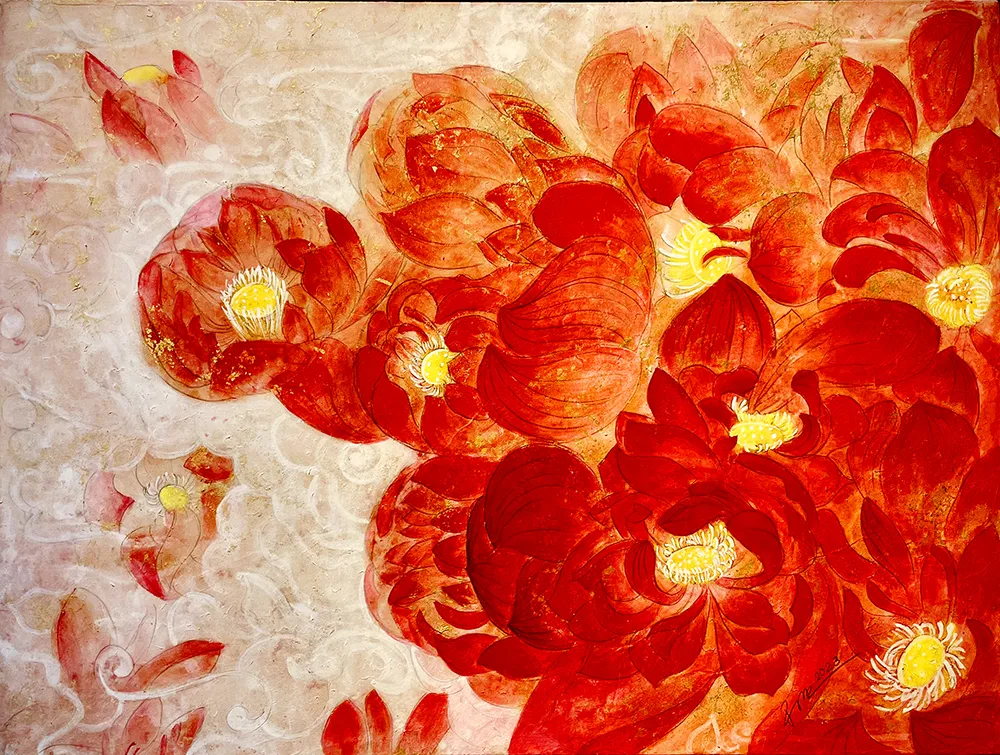 Tác phẩm &quot;Rộn ràng&quot; của họa sĩ Hương Giang Hoàng trưng bày trong triển lãm với chất liệu màu trên giấy dó