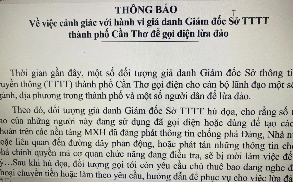  Cảnh giác với hành vi giả danh Giám đốc Sở TT-TT TP Cần Thơ để gọi điện lừa đảo