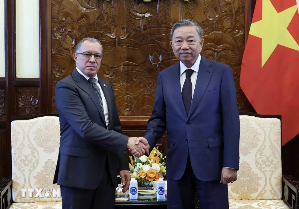 Chủ tịch nước Tô Lâm tiếp Đại sứ Colombia Miguel Angel Rodriguez Melo. Ảnh: TTXVN ttxvn-2806chutichnuoc1-4576.jpg.jpeg