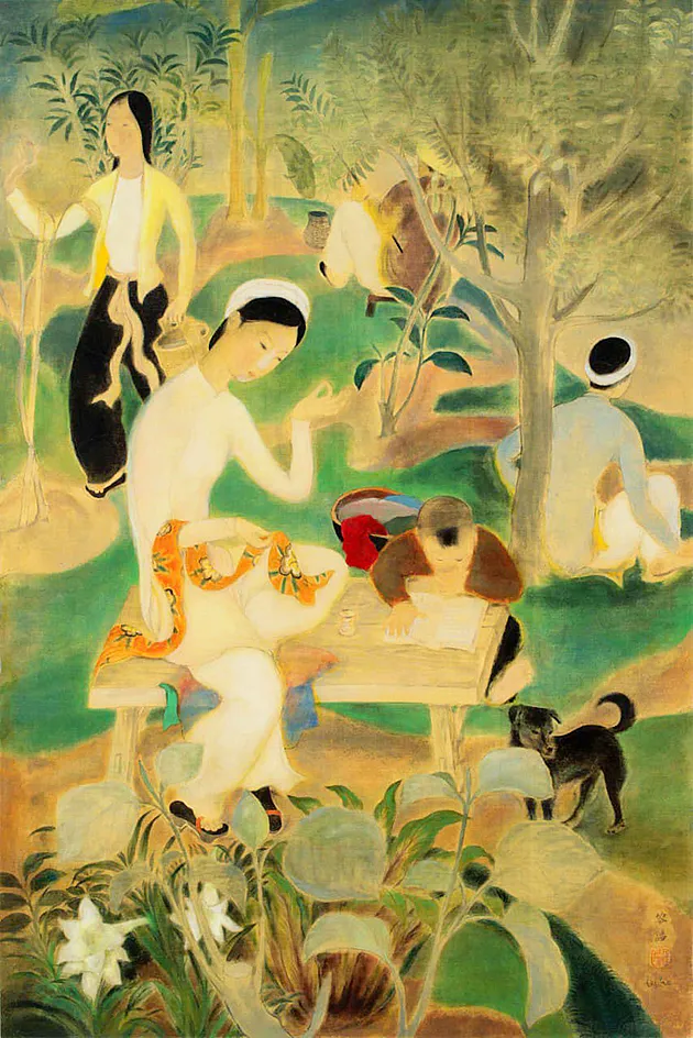 Bức tranh lụa “Gia đình trong vườn (La famille dans le jardin)” do họa sĩ Lê Phổ sáng tác năm 1938 được gõ búa với giá hơn 2,37 triệu USD