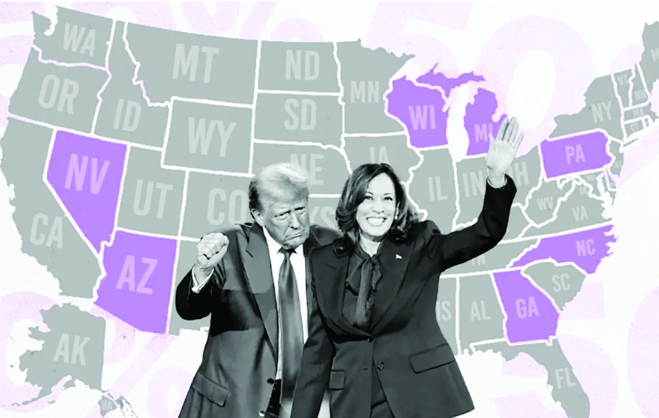 Ứng viên đảng Cộng hòa Donald Trump và ứng viên đảng Dân chủ Kamala Harris có tỷ lệ ủng hộ sít sao tại 7 bang chiến trường (màu tím). Ảnh: RNZ