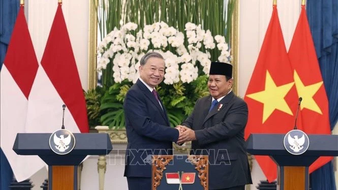 Tổng Bí thư Tô Lâm và Tổng thống Indonesia Prabowo Subianto phát biểu trước báo chí, tuyên bố nâng cấp quan hệ Việt Nam - Indonesia lên Đối tác Chiến lược Toàn diện. Ảnh: TTXVN 