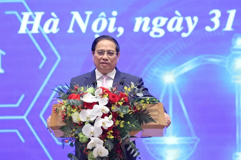 Thủ tướng phát biểu chỉ đạo tại lễ ra mắt Cổng Pháp luật quốc gia. Ảnh: VGP img4488-17486579210721876622908.jpg