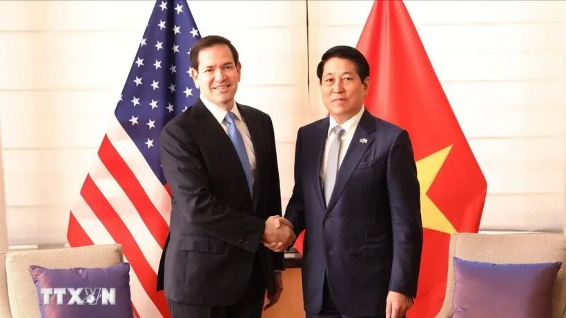 Chủ tịch nước Lương Cường tiếp Bộ trưởng Ngoại giao Hoa Kỳ Marco Rubio. Ảnh: TTXVN