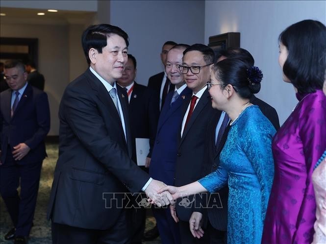 国家主席梁强与各位大使握手。图自越通社