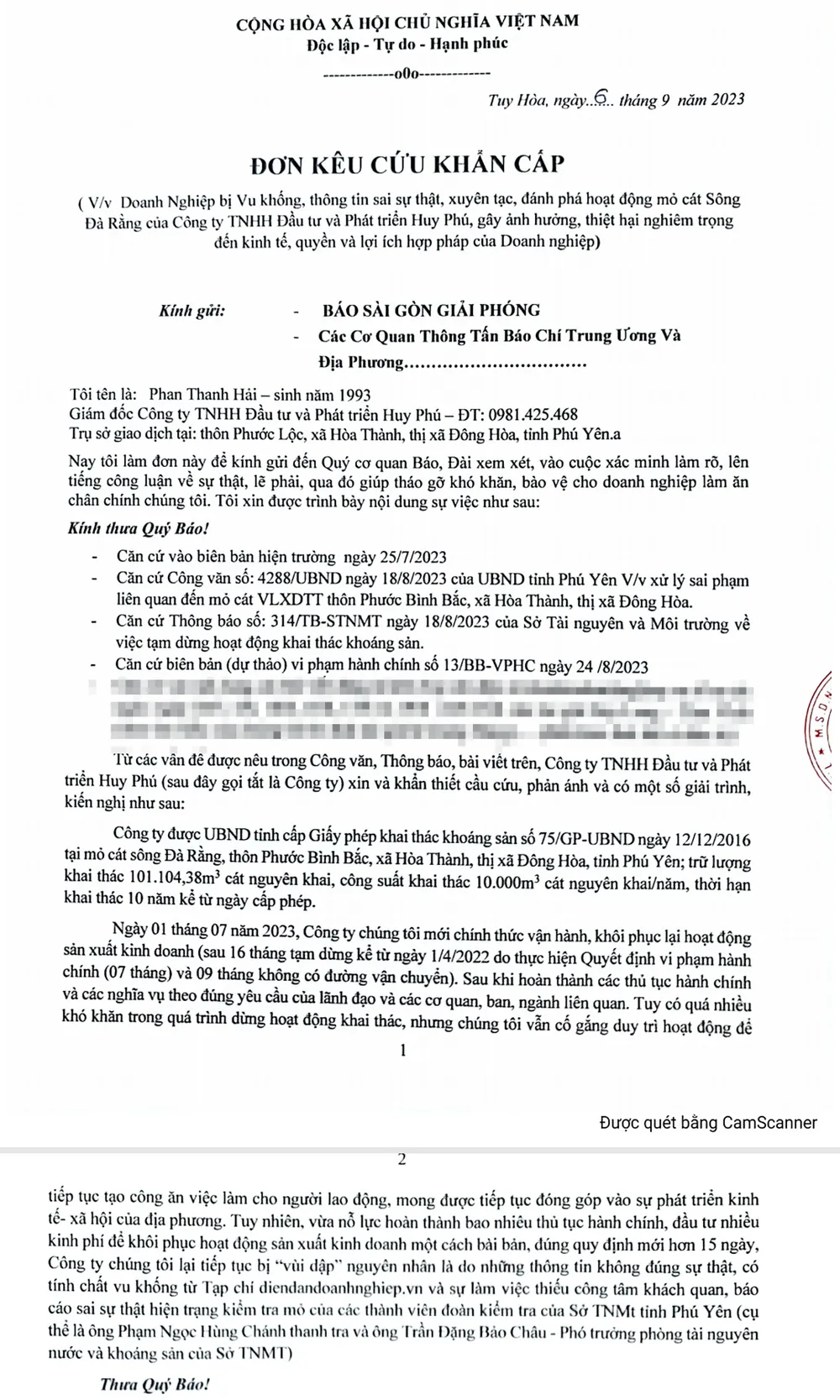 Đơn kêu cứu Công ty Huy Phú gửi báo chí