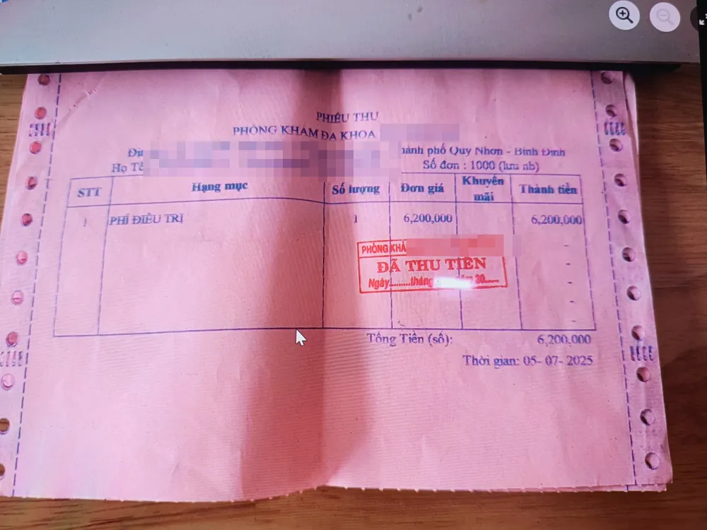 Phiếu thu điều trị 6,2 triệu đồng khi bệnh nhân chỉ mới làm xét nghiệm z6780091605111_7feda86147366c3d6c0a9b793dd07321.jpg