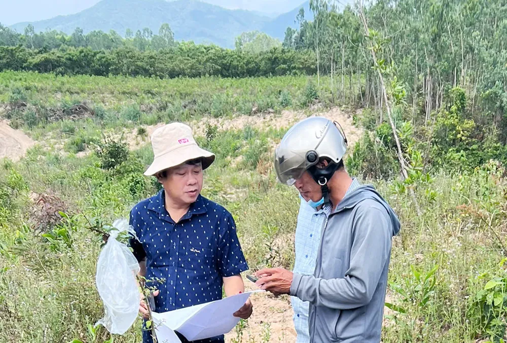 Thực địa hiện trường, xác định diện tích ảnh hưởng, cần thu hồi tại dự án đường cao tốc Quy Nhơn - Pleiku. Ảnh: XUÂN HUYÊN z7054867162172_ca2afc9eecf2a3a1635b919a5653c418.jpg