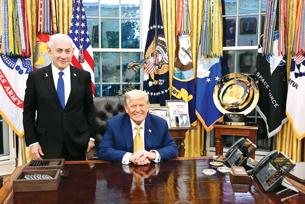 Tổng thống Mỹ Donald Trump và Thủ tướng Israel Benjamin Netanyahu tại Nhà Trắng ngày 8-7. Ảnh: AVI OHAYON/GPO J10d.jpg