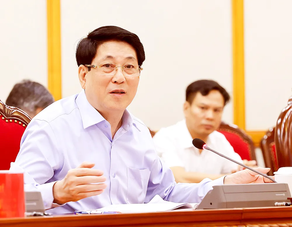 Chủ tịch nước Lương Cường phát biểu tại buổi làm việc của Bộ Chính trị với Ban Thường vụ Tỉnh ủy Cao Bằng. Ảnh: TTXVN %1e.jpg