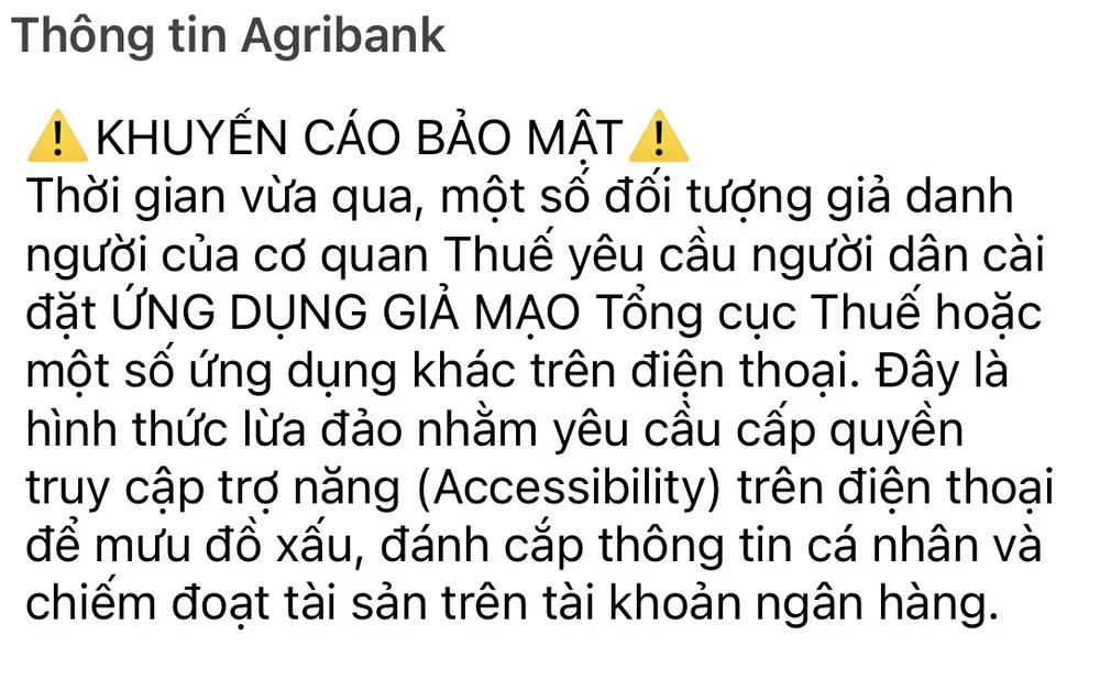 Ngân hàng Nông nghiệp và Phát triển Nông thôn Việt Nam (Agribank) cảnh báo thủ đoạn lừa đảo. Ảnh: CHÍ THẠCH Ngân hàng Nông nghiệp và Phát triển Nông thôn Việt Nam (Agribank) cảnh báo thủ đoạn lừa đảo. Ảnh: CHÍ THẠCH