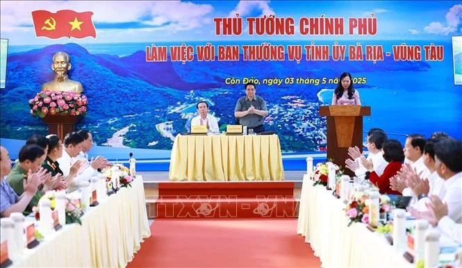 Thủ tướng Phạm Minh Chính chủ trì làm việc với Ban Thường vụ Tỉnh ủy Bà Rịa - Vũng Tàu về phát triển kinh tế - xã hội. Ảnh: TTXVN vungtau04.jpg
