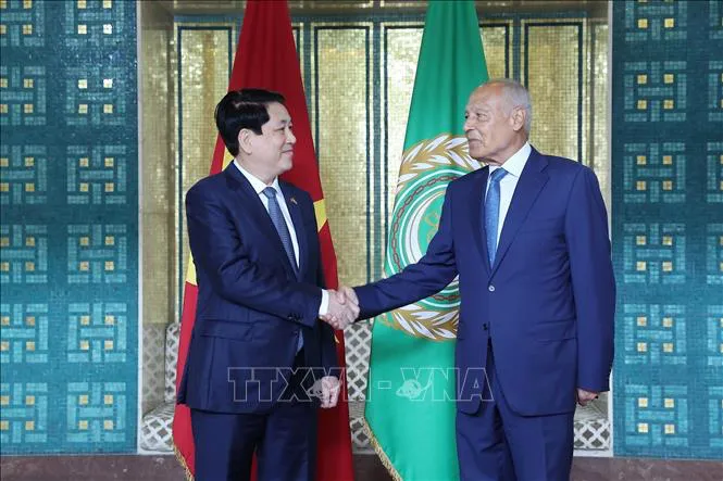 Chủ tịch nước Lương Cường với Tổng Thư ký Liên đoàn Arab Ahmed Aboul Gheit. Ảnh: TTXVN IMG_0579.png