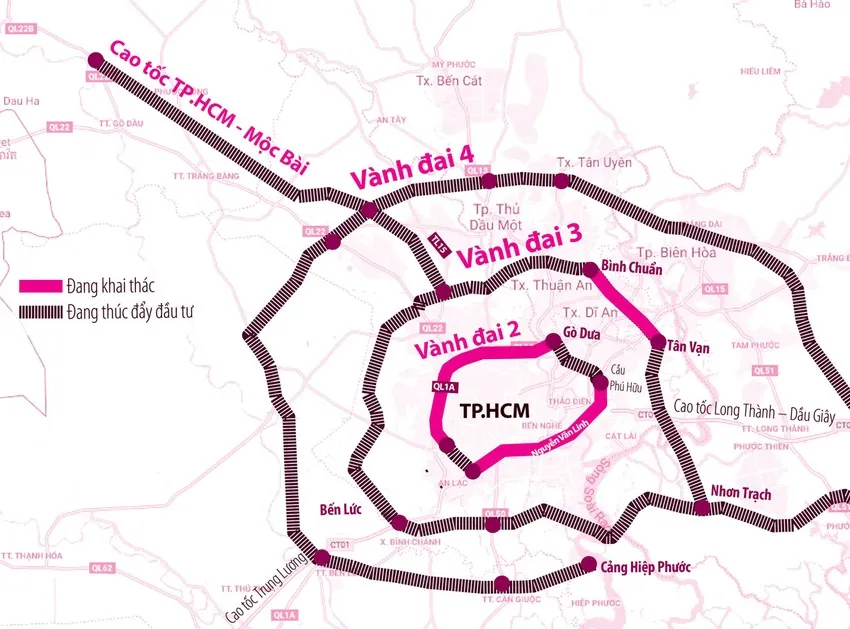Đường vành đai 4 TPHCM dài gần 200km đi qua 5 địa phương, gồm: TPHCM, Bà Rịa - Vũng Tàu, Đồng Nai, Bình Dương và Long An. Đồ họa: HỒ TRANG Đường vành đai 4 TPHCM dài gần 200km đi qua 5 địa phương, gồm: TPHCM, Bà Rịa - Vũng Tàu, Đồng Nai, Bình Dương và Long An. Đồ họa: HỒ TRANG