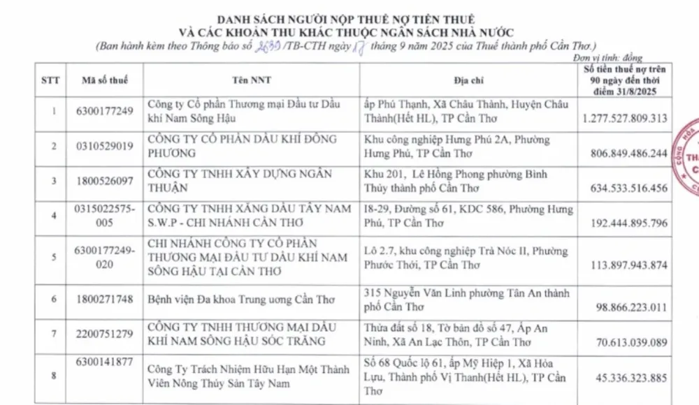 Danh sách các doanh nghiệp nợ thuế tại Cần Thơ ảnh 1.jpg