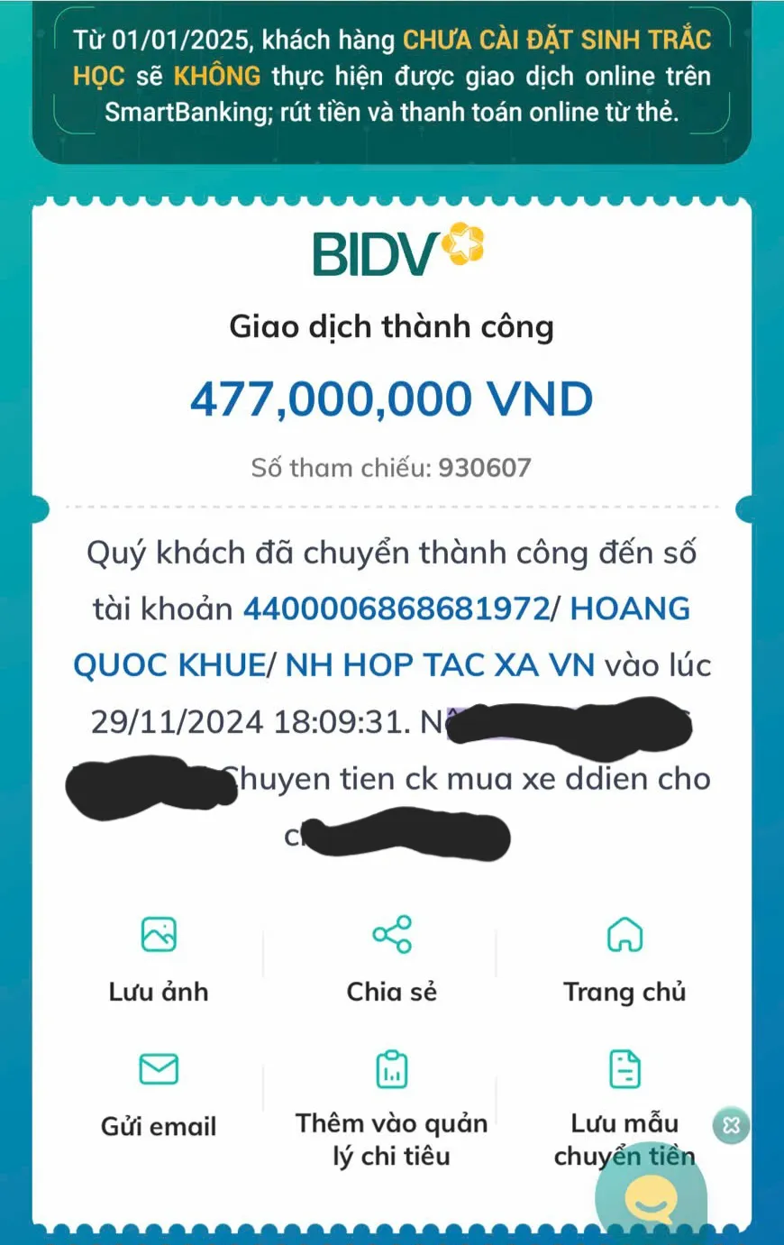 Một gia đình chuyển cho Hoàng Quốc Khuê 477 triệu đồng sau khi đưa tiền mặt 150 triệu đồng để mua xe điện đắt hơn bình thường 6 lần 1000025801.jpg