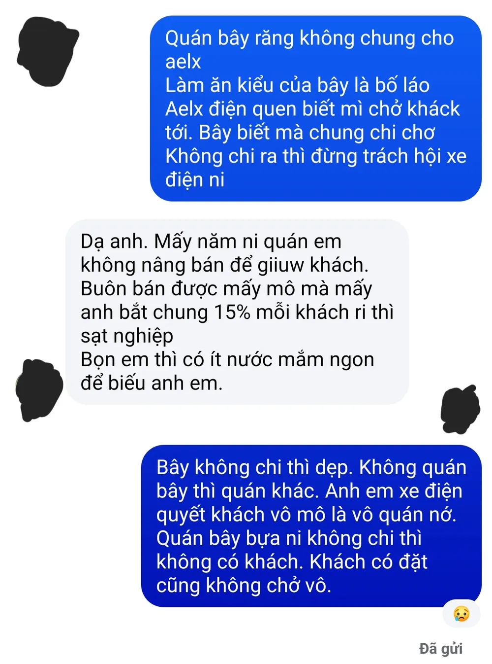 Chủ một nhà hàng gửi tin nhắn của một lái xe điện thử nghiệm trách chủ nhà hàng vì sao không chung chi 1000059583.jpg