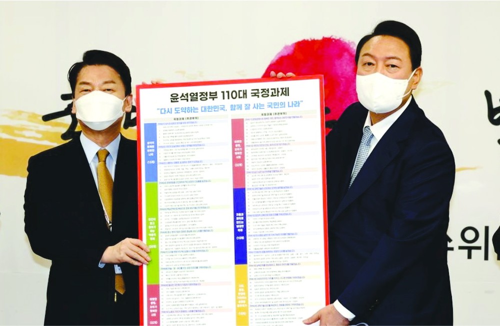 在總統職務交接委員會辦公室,委員長安哲秀(左)和候任總統尹錫悅介紹新政府施政課題。