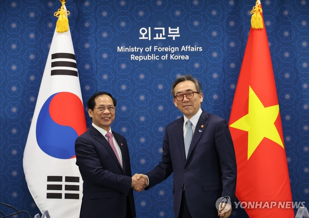 越南外长裴青山(左)与韩国外长官赵兑烈合影。