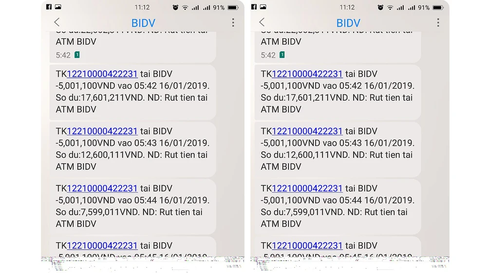 Tin nhắn rút tiền được gửi về điện thoại của khách hàng