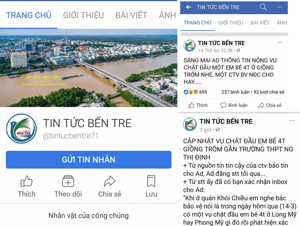 Trang "Tin tức Bến Tre" và nội dung thông tin bịa đặt gây hoang mang dư luận. Ảnh: HÀM LUÔNG