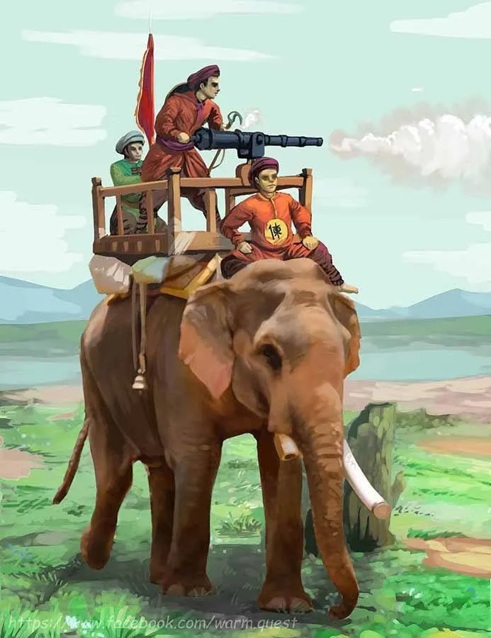 Tranh vẽ mô phỏng tượng binh quân Tây Sơn dùng súng hỏa hổ