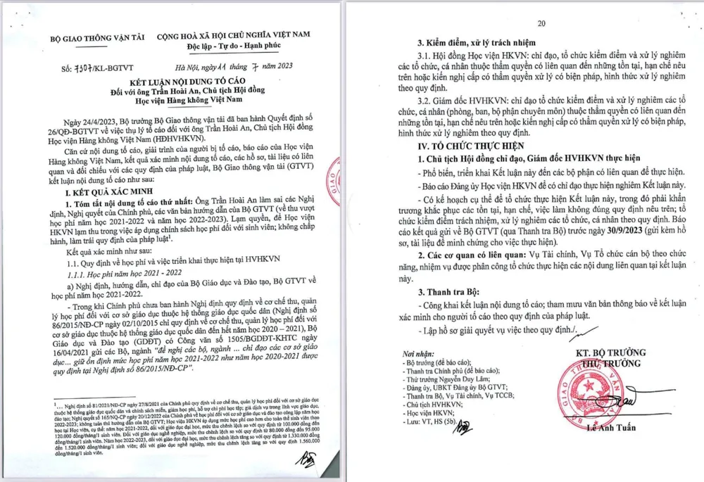 Kết luận thanh tra của cơ quan thanh tra Bộ GT-VT yêu cầu HVHKVN kiểm điểm và phải hoàn trả lại 56 tỷ đồng học phí đã thu vượt khung Kết luận thanh tra của cơ quan thanh tra Bộ GT-VT yêu cầu HVHKVN kiểm điểm và phải hoàn trả lại 56 tỷ đồng học phí đã thu vượt khung