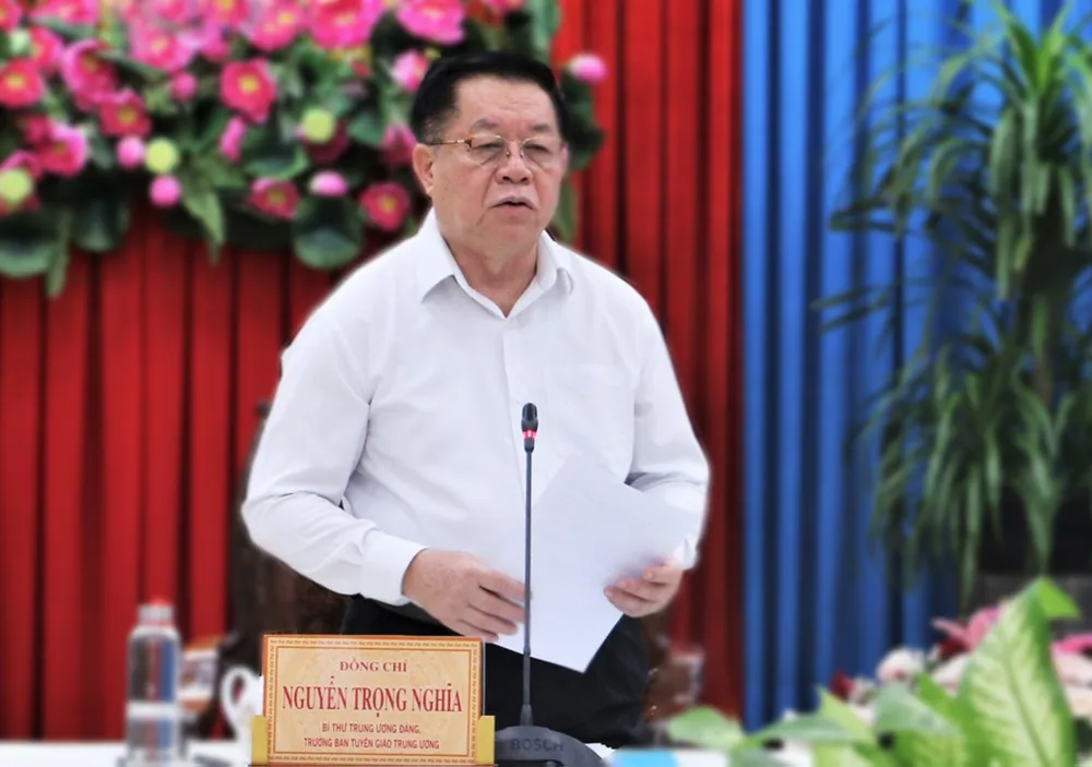 Đồng chí Nguyễn Trọng Nghĩa phát biểu tại buổi làm việc. Ảnh: CTTAG Đồng chí Nguyễn Trọng Nghĩa phát biểu tại buổi làm việc. Ảnh: CTTAG