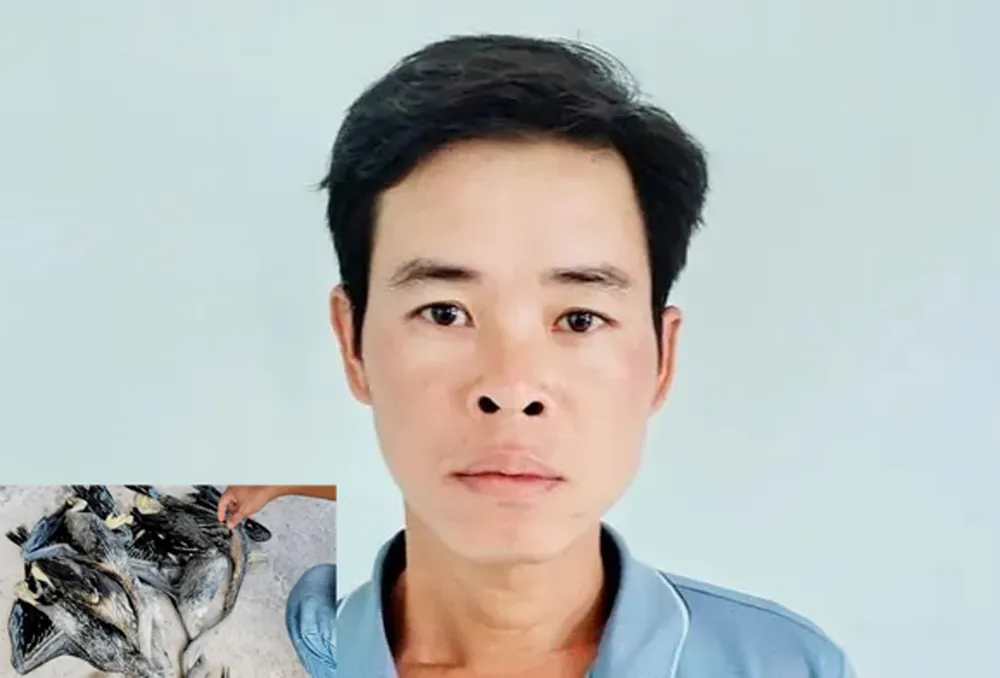 Đối tượng Hồ Văn Ngoan cùng tang vật là xác chim cổ rắn. Ảnh: QUỐC BÌNH Đối tượng Hồ Văn Ngoan cùng tang vật là xác chim cổ rắn. Ảnh: QUỐC BÌNH