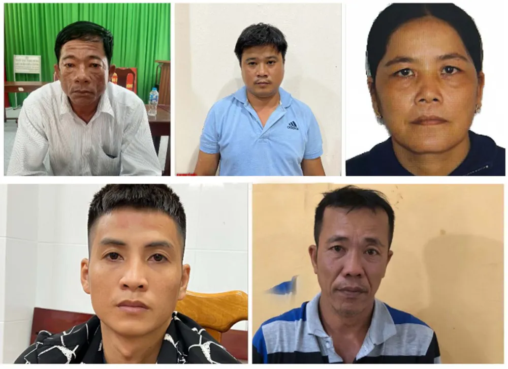 Từ trái qua, trên xuống là các bị can: Hoàng, Thoại, Út, Chung và Toàn tại cơ quan công an. Ảnh: CACC