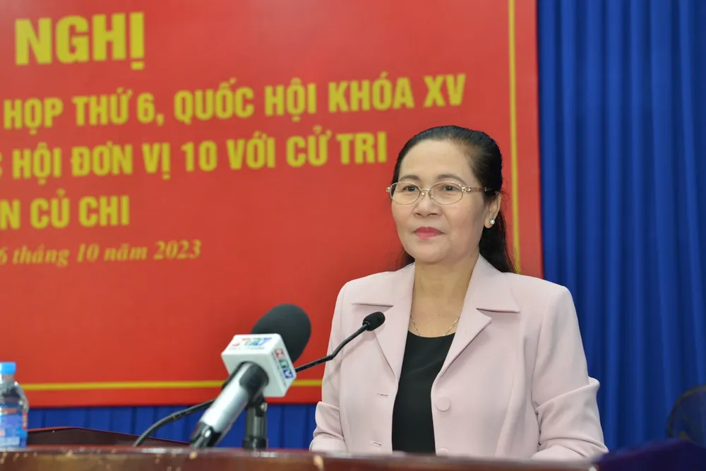 Chủ tịch HĐND TPHCM Nguyễn Thị Lệ phát biểu tại buổi tiếp xúc cử tri huyện Củ Chi. Ảnh: CAO THĂNG Chủ tịch HĐND TPHCM Nguyễn Thị Lệ phát biểu tại buổi tiếp xúc cử tri huyện Củ Chi. Ảnh: CAO THĂNG