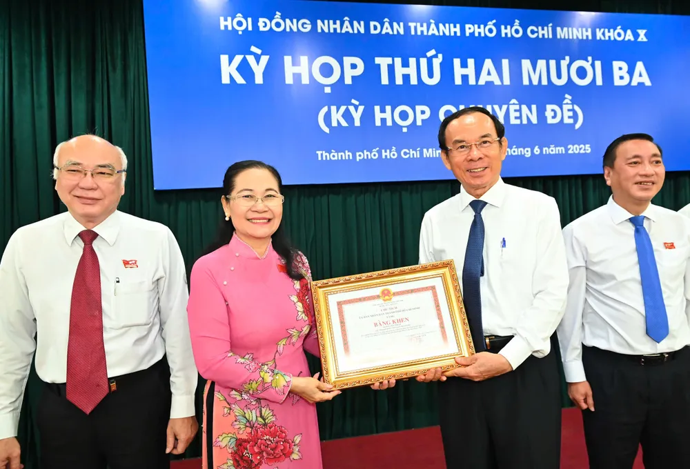 Bí thư Thành ủy TPHCM Nguyễn Văn Nên trao Bằng khen của Chủ tịch UBND TPHCM đến đồng chí Nguyễn Thị Lệ. Ảnh: VIỆT DŨNG z6750634211569_8921187f44c94367ff863d0879d45624.jpg